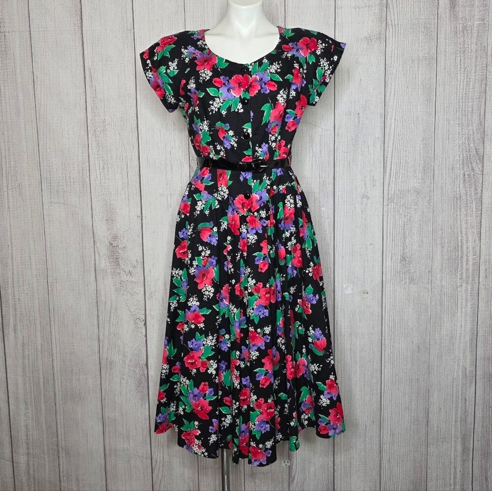 Vintage 1980s Paquette Too! Black Floral Dress Shoulder Pads Belted Midi, sz 10